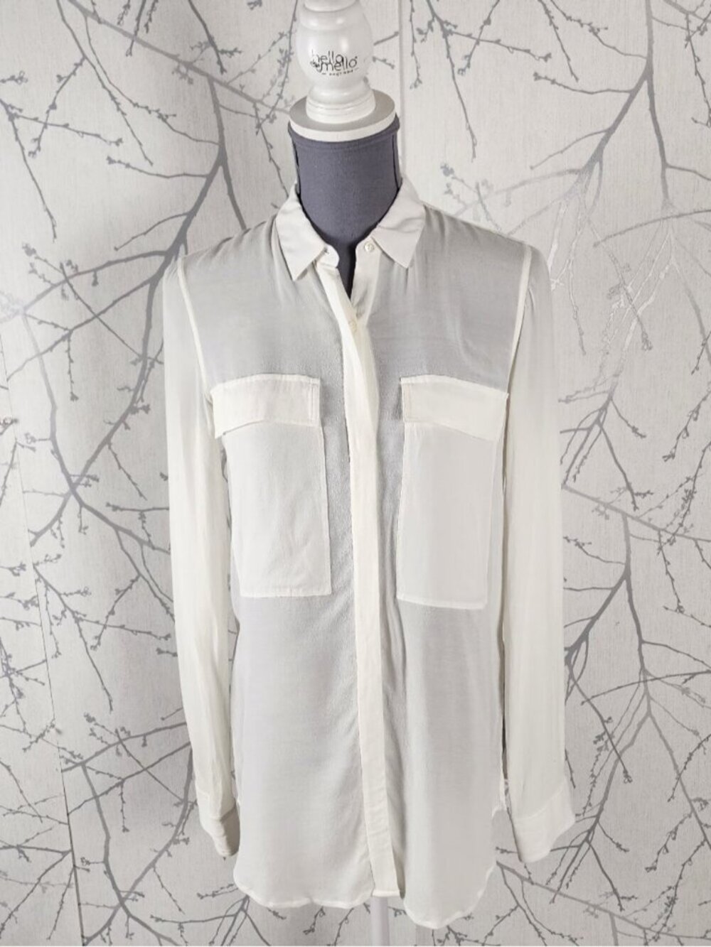 Helmut Lang Ivory Cupro Silk Blend Crinkle Sheer Blouse